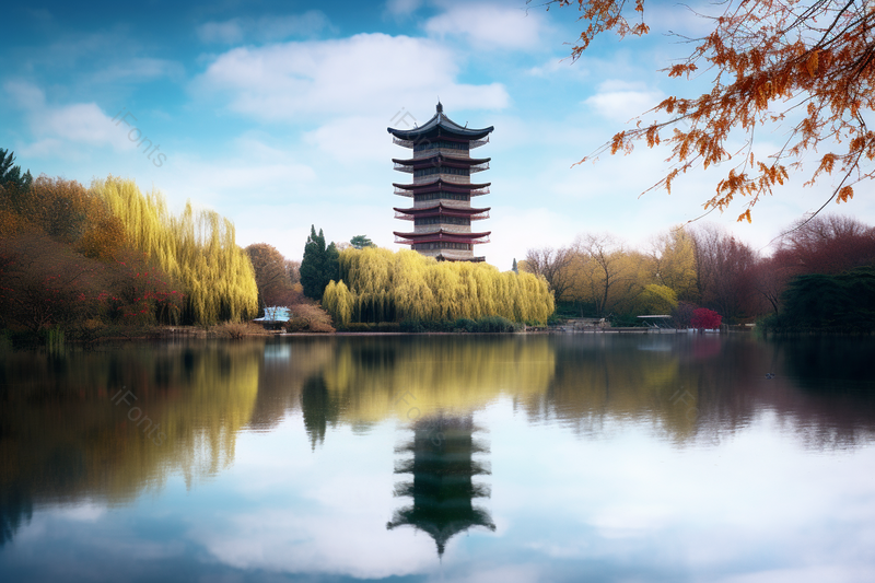 湖边的公园树木和高塔水面上天空的倒影,高清,摄影图,摄影图片,图片大全,摄影图免费下载